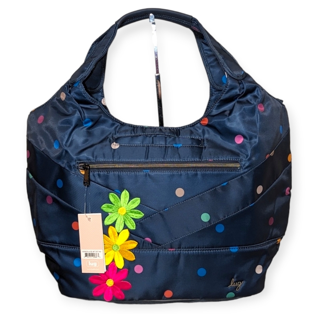 Lug Tote Gondola SE Navy Multicolor Polka Dots Love Stripe Interior NWT Large